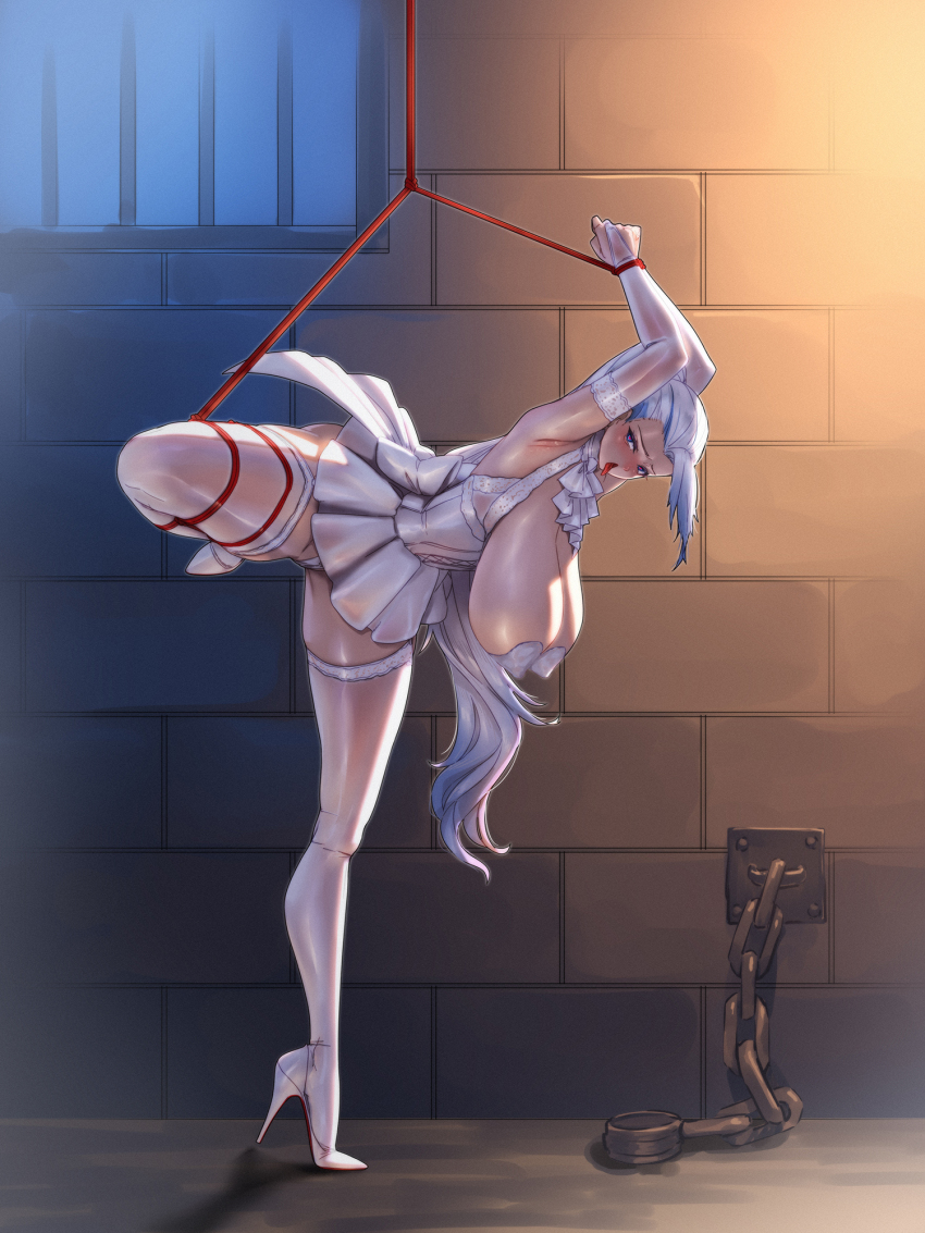 bent_over bilibili blue_eyes blue_hair breasts bridal_gauntlets character_request curvy dress gloves gradient_hair hanging_breasts heart heart-shaped_pupils high_heels highres huge_breasts looking_at_viewer microdress multicolored_hair panties pasties pleated_dress prison_cell qingmingtongzi restrained shoes suspension symbol-shaped_pupils thick_thighs thighhighs thighs tongue tongue_out underwear virtual_youtuber white_dress white_gloves white_hair white_panties white_shoes white_thighhighs