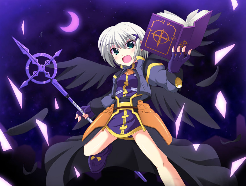 1girl blue_eyes book cross_(crossryou) female_focus lord_dearche lyrical_nanoha mahou_shoujo_lyrical_nanoha mahou_shoujo_lyrical_nanoha_a&#039;s mahou_shoujo_lyrical_nanoha_the_movie_2nd_a&#039;s short_hair solo staff tome_of_the_purple_sky white_hair wings yersiniakreuz