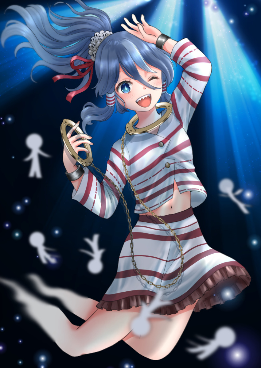 1girl blue_eyes blue_hair chain commentary_request cuffs ghost_tail gold_chain hair_tubes handcuffs highres holding holding_handcuffs kyabekko long_sleeves medium_hair miyadeguchi_mizuchi navel one_eye_closed paper_cutout paper_doll ponytail prison_clothes purple_stripes shackles sharp_teeth shirt skirt skirt_set smile striped_clothes striped_shirt striped_skirt teeth touhou white_skirt