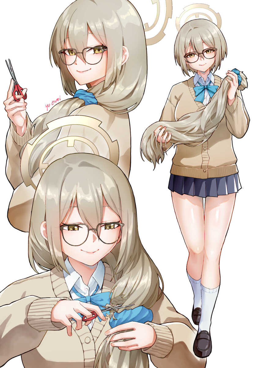 absurdres akane_(blue_archive) akane_(school_uniform)_(blue_archive) alternate_hairstyle blonde_hair blue_archive cutting_hair cutting_own_hair glasses hair_ornament hair_scrunchie halo highres holding holding_scissors pixie_cut scissors scrunchie severed_hair side_ponytail skirt socks white_socks you_nf