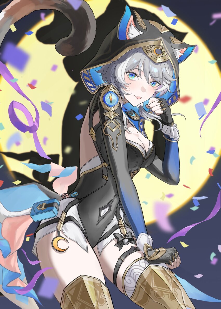 1girl animal_ears animal_hood belt black_gloves black_leotard blue_eyes boots breasts cat_ears cat_girl cat_hood cat_tail cipher_(honkai:_star_rail) cleavage fang fingerless_gloves gloves gold_boots grey_hair highres honkai:_star_rail honkai_(series) hood hooded_leotard leotard mole parted_lips pouch short_hair_with_long_locks short_shorts shorts skin_fang solo spotlight tail thigh_belt thigh_pouch thigh_strap thighs wa_serin white_shorts