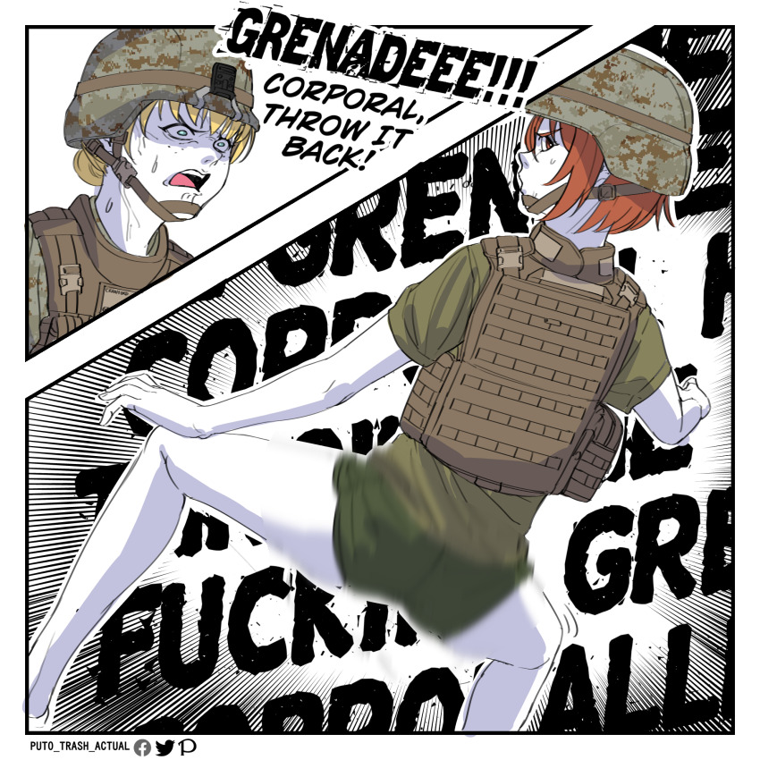 2girls artist_name ass_shake blonde_hair blue_eyes brown_headwear bulletproof_vest camouflage camouflage_headwear colored_skin commentary digital_camouflage english_commentary english_text from_behind green_shirt green_shorts highres linda_crawford marine_corps_yumi meme military military_combat_uniform military_uniform motion_blur motion_lines multiple_girls nagumo_yumi open_mouth orange_eyes orange_hair puto_trash shaded_face shirt short_hair short_sleeves shorts speed_lines sweat teeth text_background twerking united_states_marine_corps upper_teeth_only white_background white_skin