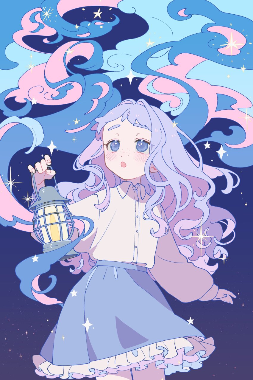 1girl absurdres blue_clouds blue_eyes blue_skirt cloud collared_shirt dress_shirt freckles frilled_skirt frills grey_hair hand_up hashtag-only_commentary highres hlra_shine holding holding_lantern kerosene_lamp lantern layered_skirt long_hair looking_up open_mouth original pink_clouds puffy_sleeves shirt shirt_tucked_in skirt solo standing star_(symbol) white_shirt
