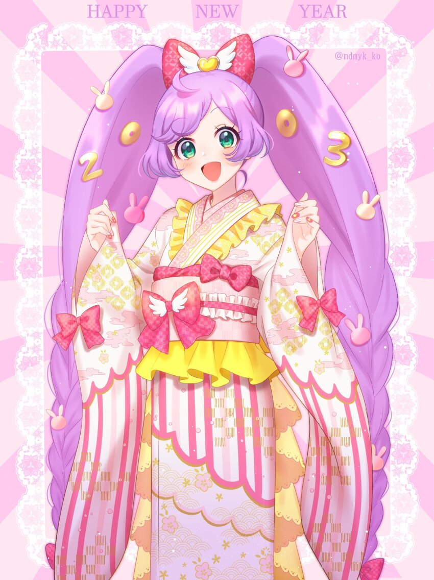 1girl 2023 ahoge aqua_eyes bow commentary english_commentary hair_bow hair_ornament highres japanese_clothes kimono long_hair manaka_laala mendamen obi open_mouth pink_bow pink_kimono pretty_series pripara purple_hair sash smile solo swept_bangs twintails very_long_hair wide_sleeves wing_hair_ornament