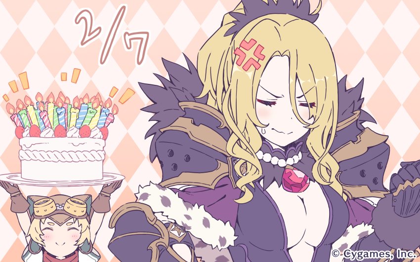 2girls absurdres anger_vein armor blonde_hair breasts cake candle christina_(princess_connect!) cleavage clenched_hand closed_eyes closed_mouth copyright_notice food gloves highres jewelry matsuri_(princess_connect!) multiple_girls necklace official_art princess_connect! short_sleeves shoulder_armor split_mouth wavy_mouth