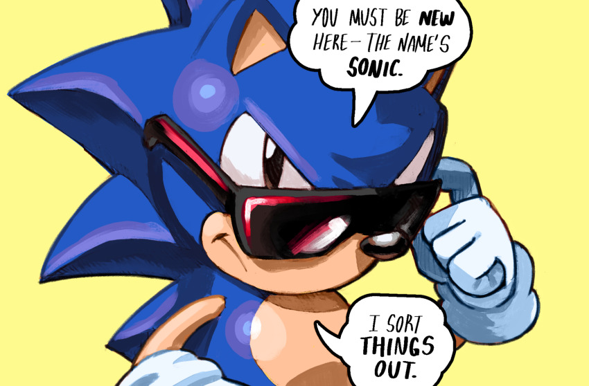 1boy derivative_work full_body gloves highres looking_at_viewer looking_over_eyewear male_focus simple_background solo sonic_(series) sonic_the_comic sonic_the_hedgehog sunglasses thekkm white_gloves yellow_background