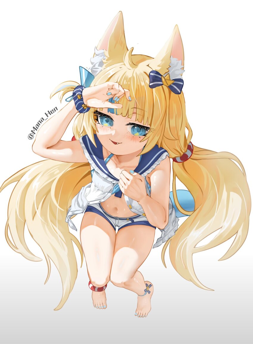 1girl ahoge animal_ear_fluff animal_ears bare_shoulders barefoot blonde_hair blue_eyes blue_hair blue_nails cat_ears dress fingernails fins fish_girl fish_tail full_body highres indie_virtual_youtuber long_hair looking_at_viewer low_twintails mana_(manasenshou) multicolored_hair nail_polish navel sameko_saba shorts simple_background sleeveless solo streaked_hair tail twintails virtual_youtuber white_background white_dress white_shorts
