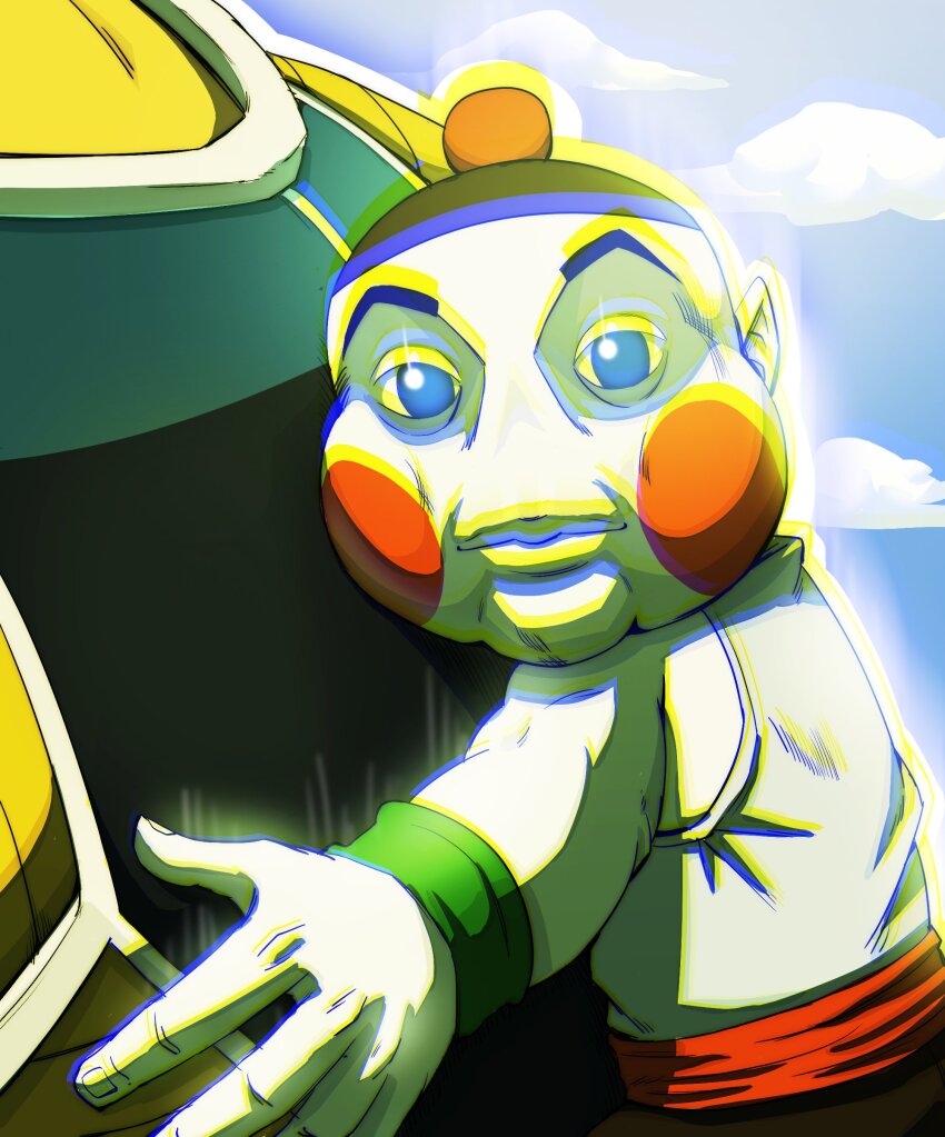 2boys absurdres beanie black_eyes black_pants blue_sky blush_stickers carrying chaozu closed_mouth commentary dragon_ball dragonball_z english_commentary eye_trail hand_on_another&#039;s_back hat highres kazuya_guy_(meme) light_trail lips male_focus meme multiple_boys nappa no_nose outdoors pants piggyback pom_pom_(clothes) pom_pom_beanie raised_eyebrows realistic red_sash saiyan_armor sash sky sleeveless thick_eyebrows upper_body vest white_vest zerooart