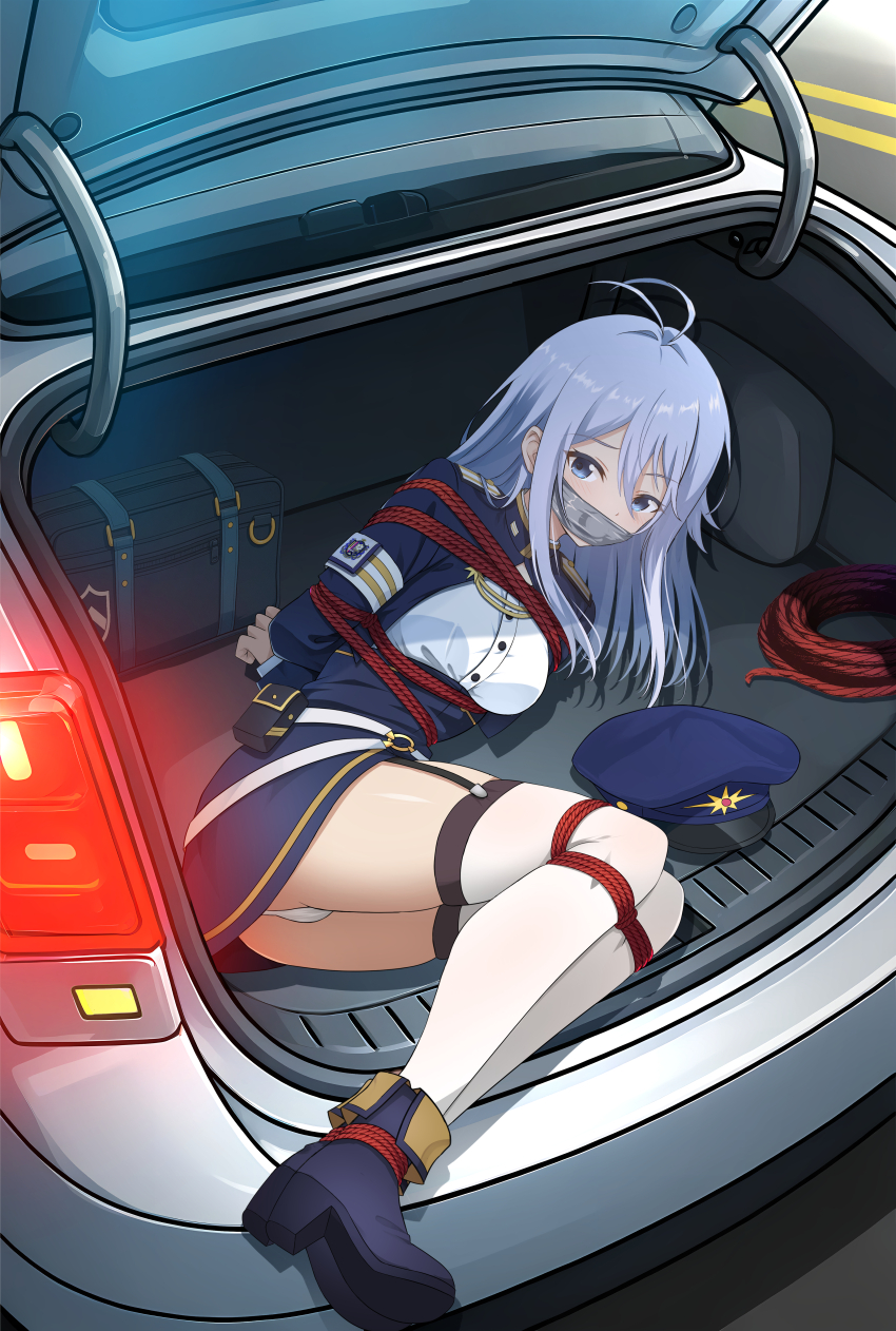 1girl 86_-eightysix- absurdres bdsm blue_jacket blue_skirt bondage bound breasts car_trunk gag garter_belt grey_eyes grey_hair highres jacket large_breasts looking_at_viewer meitoku military_uniform shibari shirt skirt solo thighhighs tied_up_(nonsexual) vladilena_millize white_shirt white_thighhighs
