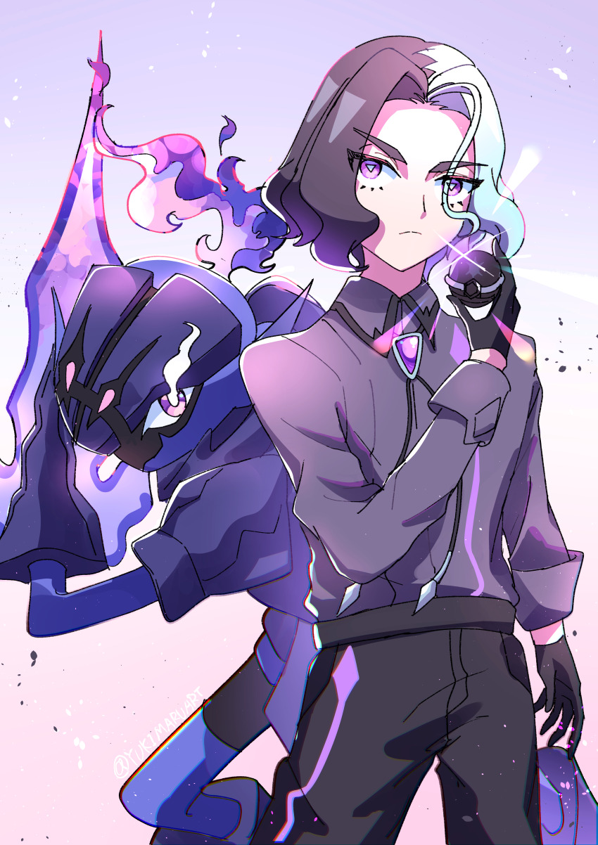 1boy absurdres amethio_(pokemon) black_gloves black_pants ceruledge closed_mouth collared_shirt commentary_request fire glint gloves hand_up highres holding holding_tera_orb loose_hair_strand male_focus multicolored_hair nintendo pants pokemon pokemon_(anime) pokemon_(creature) pokemon_horizons purple_eyes purple_fire shirt short_hair symbol-shaped_pupils tera_orb triangle-shaped_pupils two-tone_hair yukimaru_(jvje4777)
