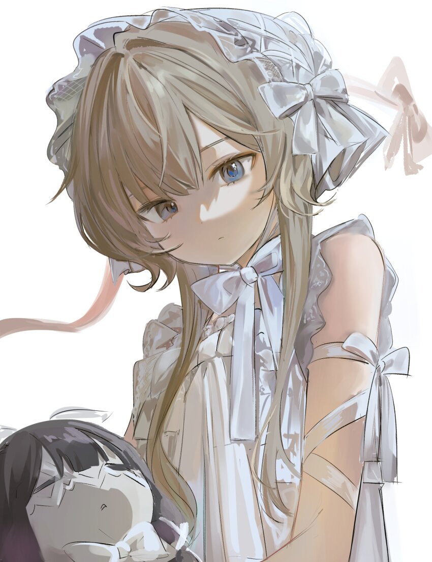 1girl angel_wings arm_ribbon bare_shoulders black_hair blonde_hair blue_eyes bow bowtie character_doll closed_mouth columbina_(genshin_impact) doll dress eye_mask feathered_wings genshin_impact gradient_hair hair_between_eyes head_wings highres kocokooo long_hair looking_at_object looking_down mask multicolored_hair purple_hair ribbon sandrone_(genshin_impact) short_hair_with_long_locks simple_background sleeveless sleeveless_dress solo two-tone_hair white_background white_bow white_bowtie white_dress white_headdress white_mask wings
