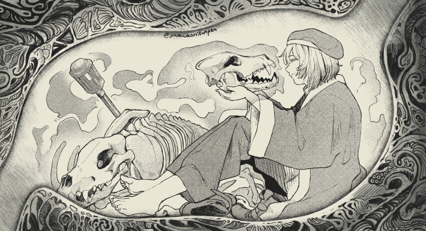 1girl animal_skeleton animal_skull barefoot beret boots dungeon_meshi falin_touden falin_touden_(tallman) from_side greyscale hanpen_(higepiyo) hat highres holding holding_skull lantern mace medium_hair monochrome red_dragon_(dungeon_meshi) robe shoes sitting skeleton skull solo unworn_boots unworn_shoes weapon x-ray