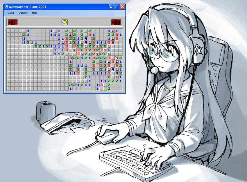 1girl :| chair closed_mouth commentary computer_keyboard computer_mouse english_commentary glasses headphones highres long_hair long_sleeves lucky_star microsoft_windows minesweeper office_chair reflection round_eyewear sailor_collar school_uniform screen_light serafuku sitting solo swivel_chair takara_miyuki upper_body windows_xp woogleboy