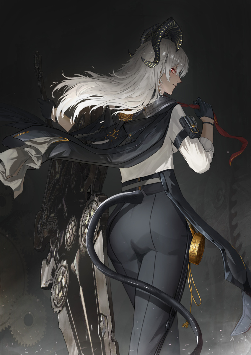 1girl absurdres angelo_(angeloart26) arm_pouch ass black_gloves black_horns black_jacket black_pants black_pouch black_tail breasts closed_mouth clothes_grab commentary curled_horns from_behind gloves highres horns jacket large_breasts long_hair looking_at_viewer looking_back necktie necktie_grab neckwear_grab pants red_eyes red_necktie revision shield shirt solo tight_clothes tight_pants white_hair white_shirt wuthering_waves zani_(wuthering_waves)