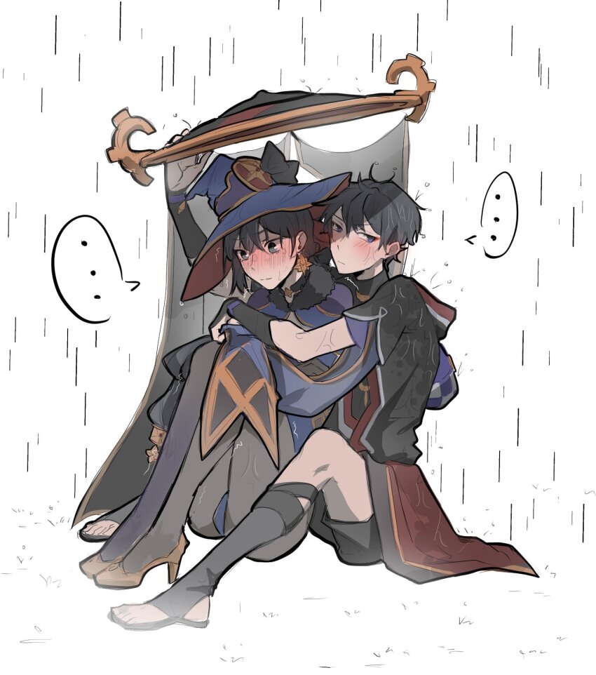 ... 1boy 1girl arm_up armor artwolfaja behind_another black_bodysuit black_bow black_choker black_footwear black_hair black_hat black_kimono black_sleeves blue_hat blue_leotard blush bodysuit bow choker closed_mouth couple earrings eyeliner eyeshadow fur-trimmed_collar fur_collar fur_trim furisode genshin_impact gold gold_footwear gold_trim grey_pantyhose grey_veil hair_between_eyes han&#039;eri hat hat_bow hat_ornament hetero high_heels highres holding holding_unworn_clothes holding_unworn_hat hug hug_from_behind improvised_umbrella japanese_armor japanese_clothes jewelry jingasa kimono knees_to_chest kote kurokote layered_kimono layered_sleeves leotard long_hair makeup messy_hair mona_(genshin_impact) neck_ring open_clothes open_kimono pantyhose ponytail_holder pouch purple_bag purple_sleeves rain red_eyeliner red_eyeshadow red_hat red_kimono scaramouche_(genshin_impact) see-through_clothes see-through_veil shared_improvised_umbrella short_sleeves shrug_(clothing) sideways_glance sitting sitting_between_lap split_mouth spoken_ellipsis star_(symbol) star_choker star_earrings star_hat_ornament toeless_footwear toes trembling turtleneck turtleneck_bodysuit twintails two-sided_fabric two-sided_headwear unworn_hat unworn_headwear veil water_drop wet wet_clothes white_background wide-eyed witch_hat