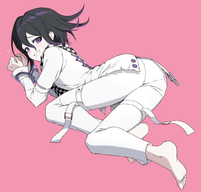 1boy arm_belt barefoot black_hair blush bound bound_wrists buttons checkered_clothes checkered_scarf commentary cross-laced_clothes cross-laced_top cuffs danganronpa_(series) danganronpa_v3:_killing_harmony embarrassed eyelashes flipped_hair from_behind full_body hair_between_eyes handcuffs highres long_sleeves looking_at_viewer looking_back male_focus medium_hair oma_kokichi pale_skin pants pink_background purple_eyes purple_hair scarf shirt shy simple_background smile soles teeth thigh_strap toes ttegi_(ddeck_dg) two-tone_scarf