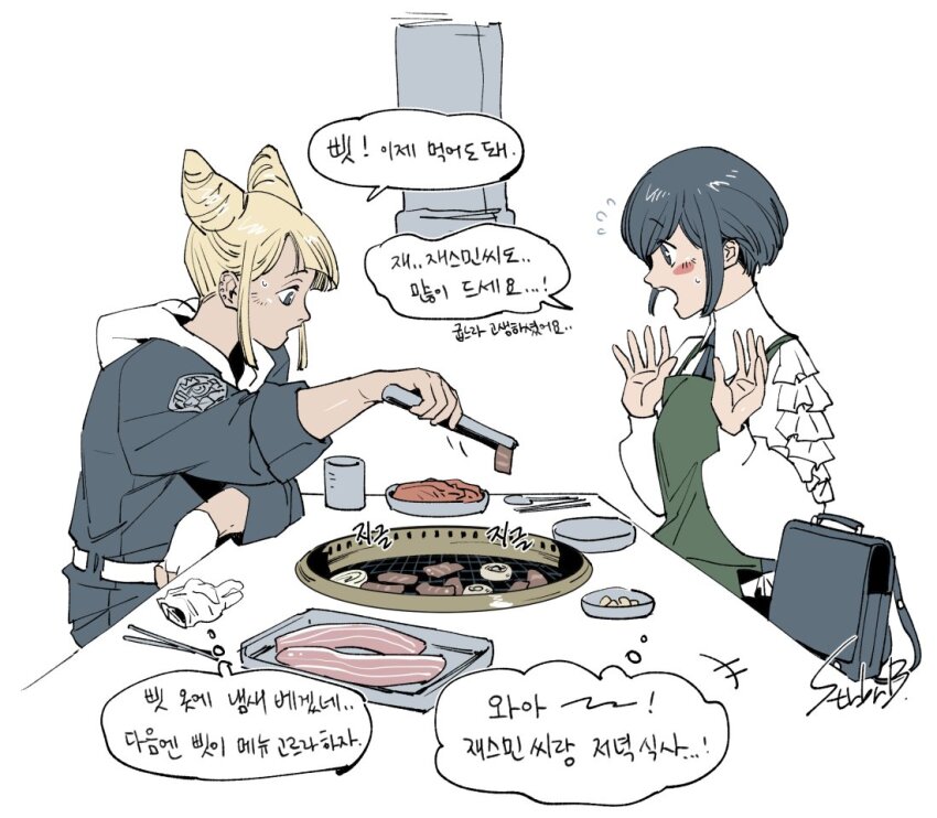 2girls apron backpack bag blonde_hair blue_eyes collared_shirt commentary_request cone_hair_bun cooking double_bun flying_sweatdrops food frilled_shirt frilled_sleeves frills from_side fukurai_azami gloves green_apron grill grilling hair_bun hands_up holding holding_tongs hood hood_down ichigo_beeru jumpsuit korean_commentary korean_text long_sleeves meat multiple_girls open_mouth profile shirt short_hair signature simple_background sitting speech_bubble table thought_bubble jasmine_(toshi_densetsu_kaitai_center) tongs toshi_densetsu_kaitai_center translation_request upper_body white_background yakiniku