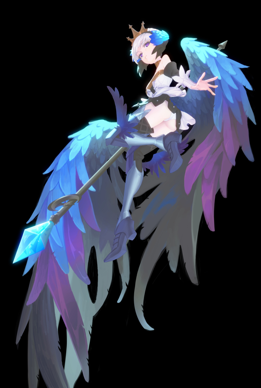1girl absurdres ass black_background boots breasts choker crown dress expressionless feathered_wings full_body gwendolyn_(odin_sphere) high_heel_boots high_heels highres latblackblack leg_wings looking_at_viewer low_wings medium_breasts odin_sphere panties pantyshot polearm purple_eyes short_hair simple_background solo spear strapless strapless_dress thigh_boots underwear valkyrie weapon white_hair white_panties wings