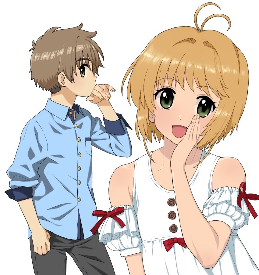 1boy 1girl antenna_hair bare_shoulders blue_shirt brown_eyes brown_hair cardcaptor_sakura detached_sleeves dress flat_chest green_eyes hand_on_own_cheek hand_on_own_face highres kinomoto_sakura li_syaoran looking_at_viewer open_mouth puffy_detached_sleeves puffy_sleeves shirt short_hair simple_background smile upper_body wakaho_riku white_background white_dress