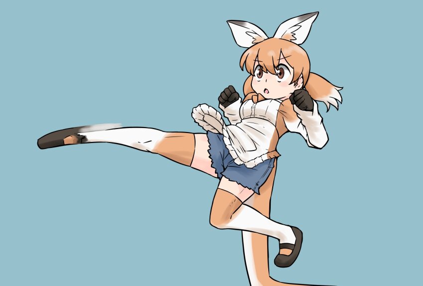 1girl apron blush brown_eyes brown_gloves brown_shirt brown_shoes brown_thighhighs cutoff_jeans cutoffs denim denim_shorts extra_ears frilled_apron frills gloves gradient_legwear gravi_pig4891 hair_between_eyes highres kangaroo_ears kangaroo_girl kangaroo_tail kemono_friends kicking light_brown_hair long_sleeves mary_janes midair multicolored_hair open_mouth red_kangaroo_(kemono_friends) shirt shoes short_hair short_shorts short_twintails shorts sidelocks solo thighhighs twintails two-tone_shirt white_apron white_hair white_shirt white_thighhighs zettai_ryouiki