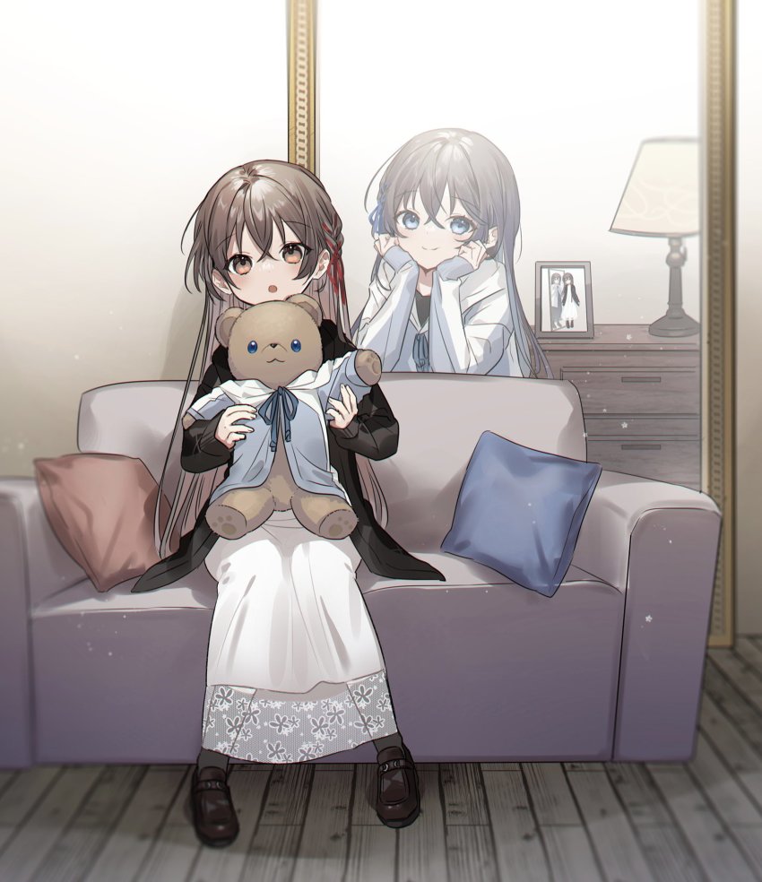 2girls :o blue_eyes blue_ribbon blush braid brown_hair child commentary couch different_reflection drawer dress framed_image hair_between_eyes hands_on_own_cheeks hands_on_own_face highres holding holding_stuffed_toy indoors jacket lamp leaning looking_at_viewer mirror_twins multiple_girls on_couch original photo_(object) pillow red_eyes red_ribbon reflection ribbon sake_(utopia_modoki) shoes siblings sisters sitting smile stuffed_animal stuffed_toy symbol-only_commentary teddy_bear twins wooden_floor