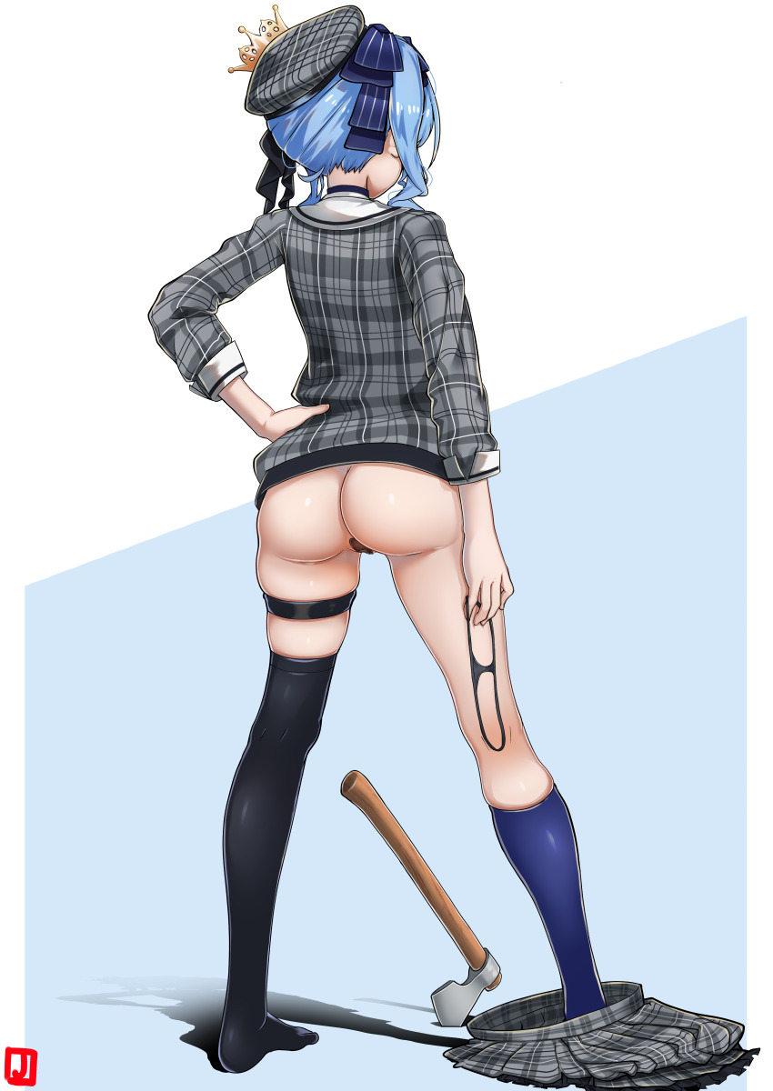1girl absurdres ass asymmetrical_legwear axe beret black_panties black_thighhighs blue_hair blue_ribbon blue_socks bottomless crown from_behind full_body grey_hat grey_skirt hair_ribbon hand_on_own_hip hat highres holding holding_panties holding_underwear holding_unworn_clothes hololive hoshimachi_suisei hoshimachi_suisei_(1st_costume) jacket johnny_(braun-kan_cafe) kneehighs legs_apart maebari medium_hair mini_crown no_shoes panties plaid_clothes plaid_hat plaid_jacket plaid_skirt planted planted_axe ribbon side_ponytail sidelocks single_kneehigh single_sock single_thighhigh skirt sleeve_cuffs socks solo standing thigh_strap thighhighs three-quarter_sleeves tilted_headwear underwear uneven_legwear unworn_skirt virtual_youtuber