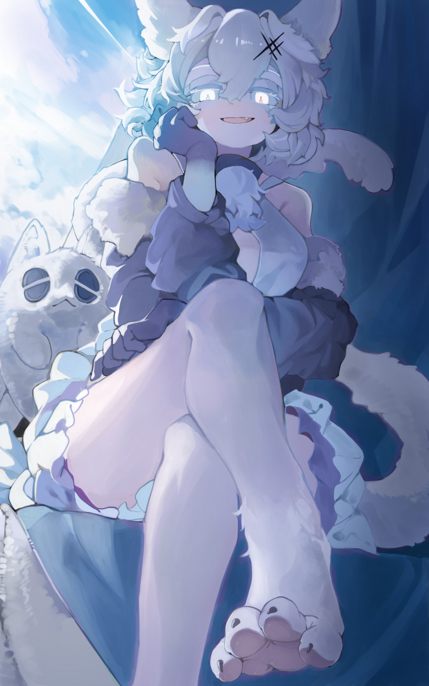 absurdres alchemy_stars animal_ears black_jacket body_fur breasts cat_ears cat_feet cat_girl cat_tail cleavage crossed_legs dress fang feet fur-trimmed_jacket fur_trim glowing glowing_eyes gradient_gloves hair_between_eyes hand_on_own_chin heterochromia highres ice jacket large_breasts looking_at_viewer looking_down menthako open_mouth philyshy_(alchemy_stars) shirt short_hair sitting skirt smile soles stuffed_animal stuffed_toy tail white_dress white_shirt
