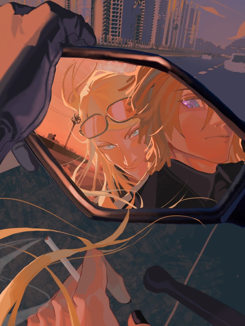 2boys blue_eyes cigarette daybit_sem_void fate/grand_order fate_(series) golden_hour highres holding holding_cigarette hungrycookies1 long_hair looking_at_viewer multiple_boys purple_eyes side-view_mirror sky tezcatlipoca_(fate)