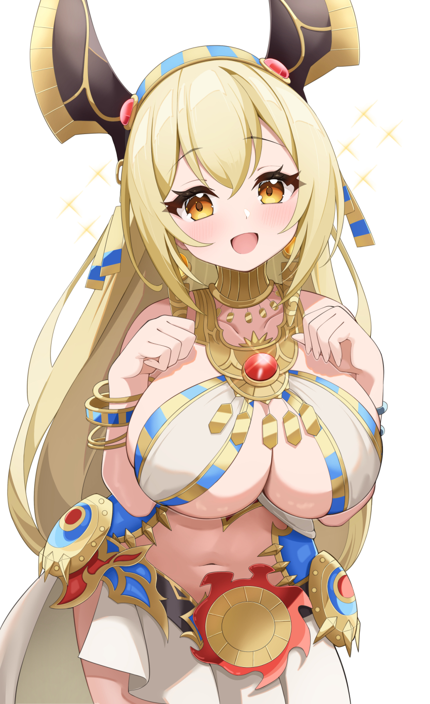1girl absurdres aim_(megido72) ancient_egyptian ancient_egyptian_clothes animal_ears armlet bare_shoulders bikini bikini_top_aside blonde_hair blush bracelet breasts breasts_squeezed_together elegant_(sumisumi4268) gold gold_necklace highres jackal_ears jewelry large_breasts long_hair looking_at_viewer megido72 midriff navel necklace open_mouth simple_background smile solo swimsuit usekh_collar white_background yellow_eyes