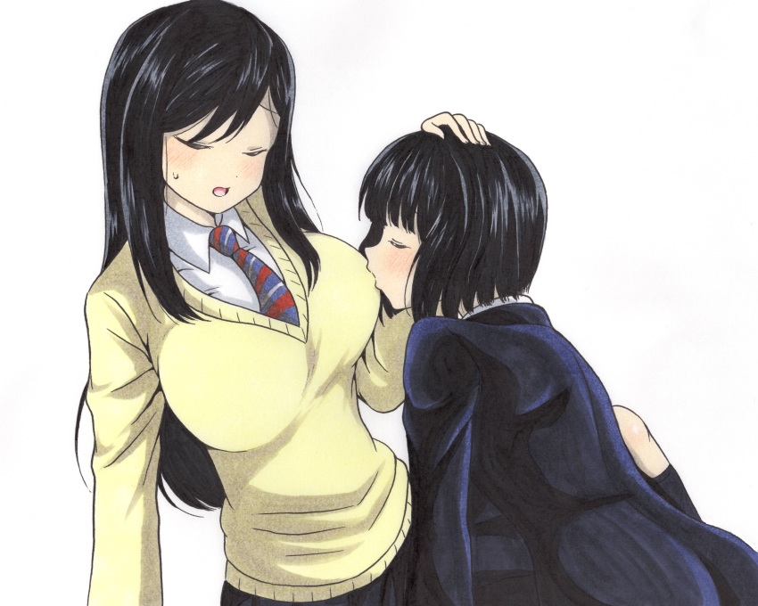 2girls absurdres ajikeneko black_hair bob_cut breast_sucking breast_sucking_through_clothes breasts closed_eyes headpat highres koguma_(super_cub) large_breasts light_blush long_hair multiple_girls necktie open_mouth reiko_(super_cub) school_uniform short_hair simple_background skirt super_cub sweatdrop sweater traditional_media white_background yuri