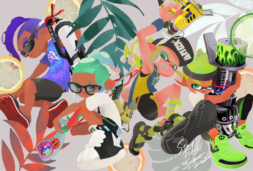 baseball_cap black_hat black_shorts clothes_writing crocs dark_skin english_text food fruit glasses goggles grey_background gun hat highres holding holding_gun holding_weapon inkling leaf lemon long_hair looking_at_viewer multicolored_hair nintendo octoling official_art pointy_ears sandals shirt shoes short_shorts shorts sneakers splatoon_(series) splatoon_2 suction_cups swim_goggles tentacle_hair tie-dye weapon white_shirt