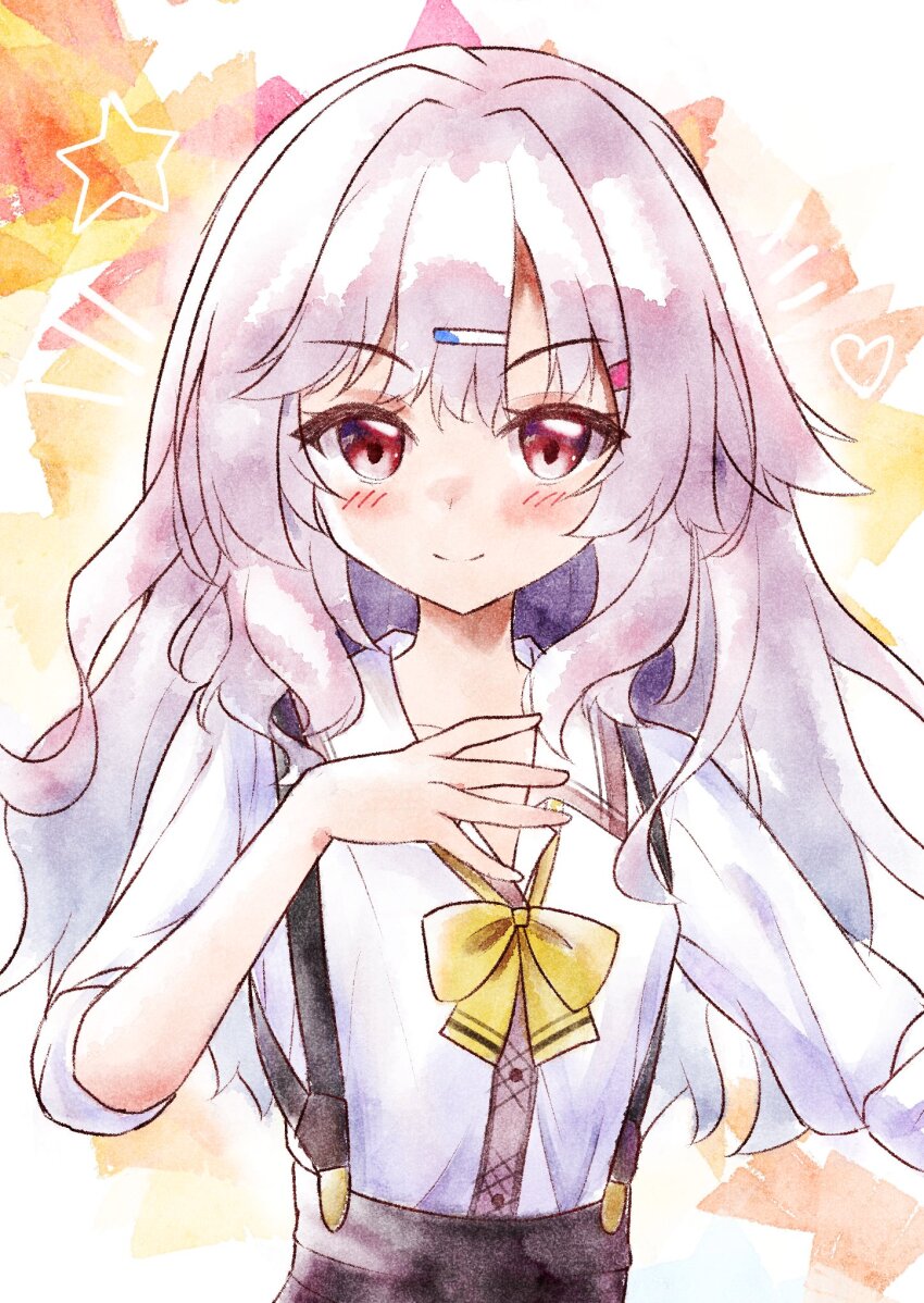 1girl blush bow breasts closed_mouth commentary eyelashes grey_hair hair_between_eyes hair_ornament hairclip heart highres kinoshita_kaede long_hair looking_at_viewer pastel_colors red_eyes school_uniform sesen2000 shirt simple_background skirt sleeves_rolled_up small_breasts smile solo star_(symbol) straight-on suspender_skirt suspenders tenshi_souzou_re-boot! upper_body wavy_hair white_shirt yellow_bow