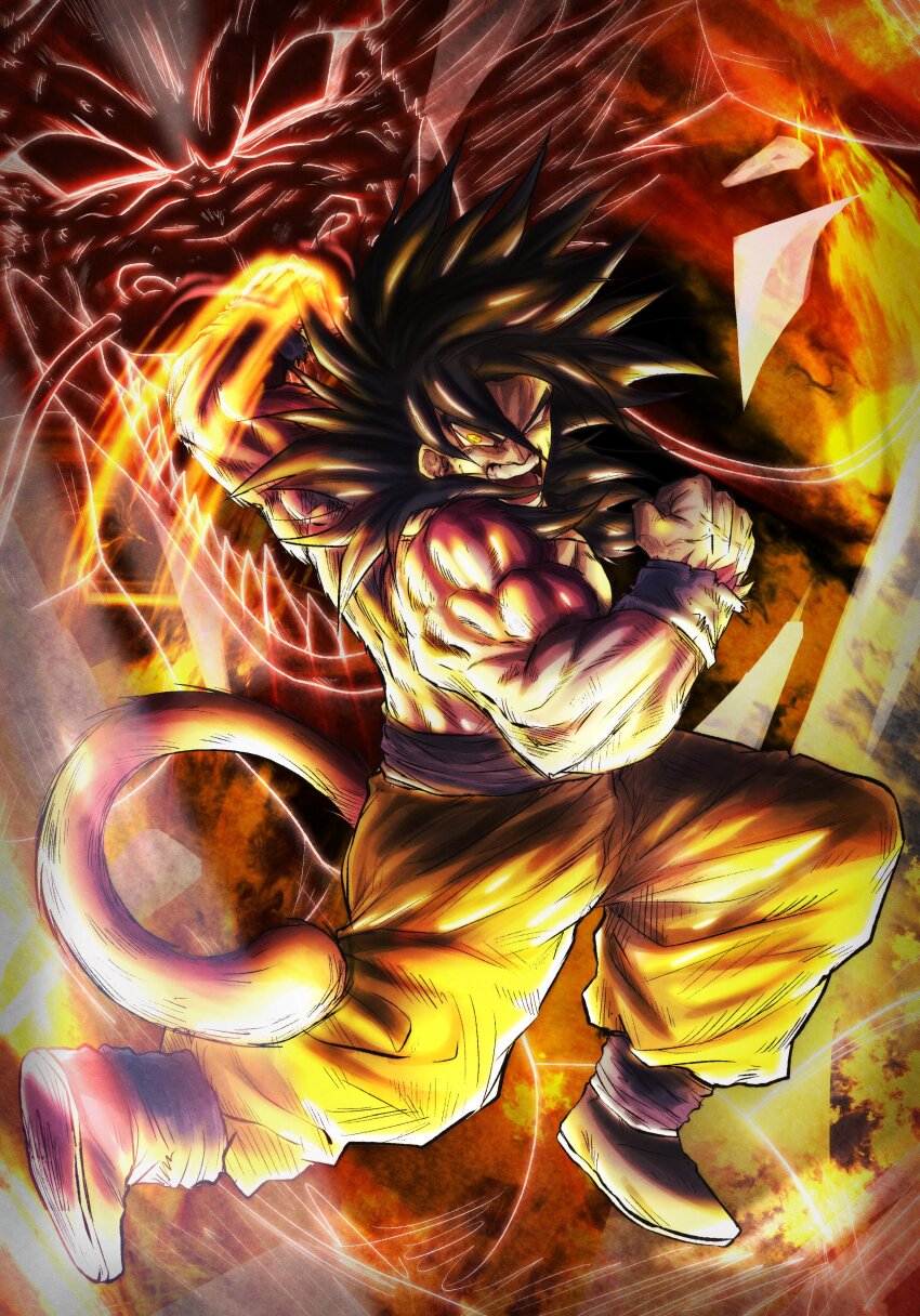 absurdres angry dragon dragon_ball dragon_fist fire highres incoming_attack muscular muscular_male red_fur screaming son_goku super_saiyan super_saiyan_4 tagme tail