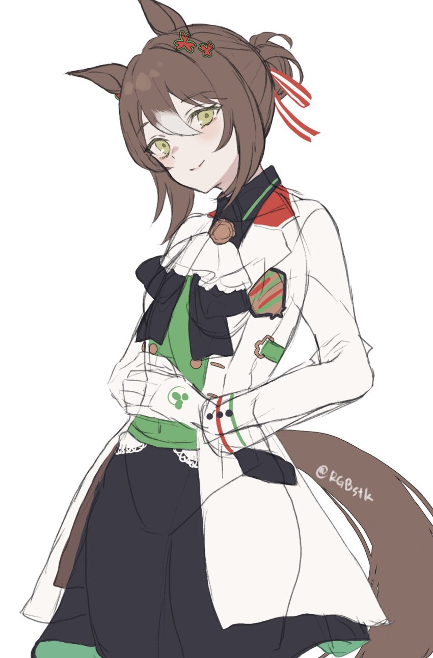1girl animal_ears bad_id bad_twitter_id black_bow black_bowtie black_skirt bow bowtie buttons closed_mouth coat cowboy_shot double-breasted fine_motion_(umamusume) gloves green_eyes green_vest hair_bun head_tilt highres horse_ears horse_tail long_sleeves looking_at_viewer own_hands_together satsuki_(miicat) simple_background single_hair_bun skirt smile solo tail umamusume vest white_background white_coat white_gloves