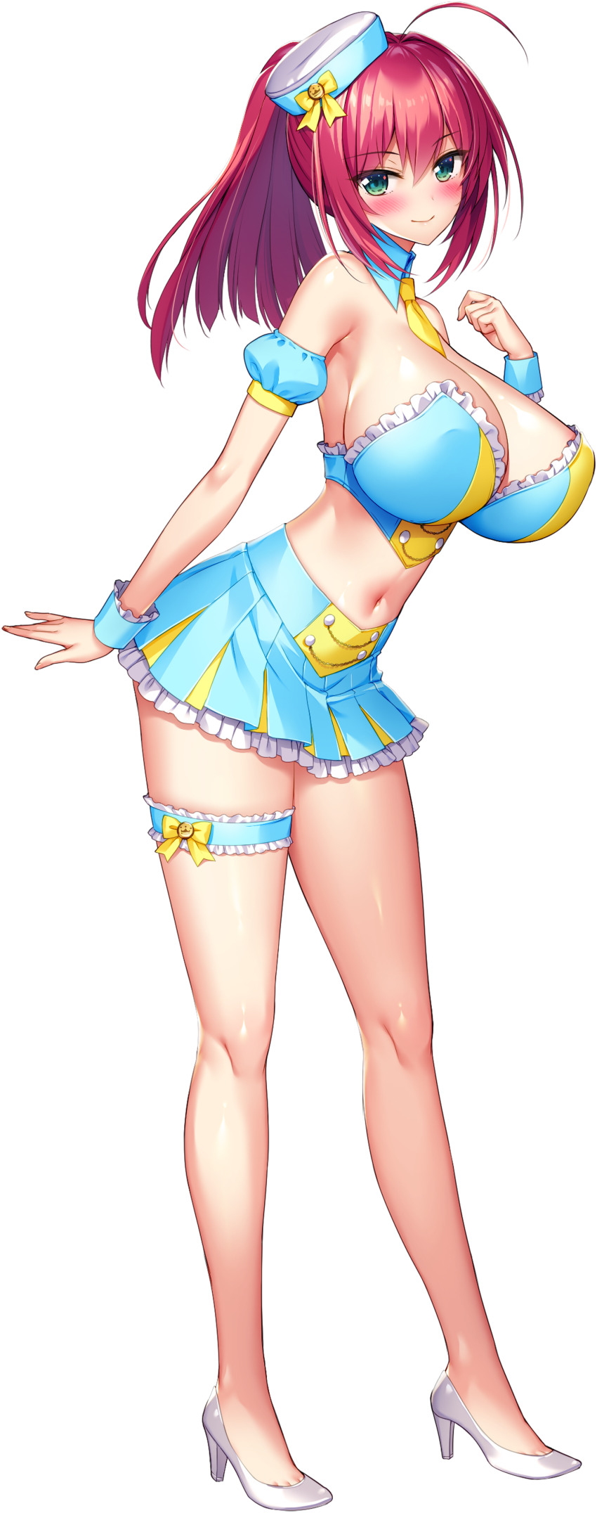 1girl absurdres ahoge armband blue_hat blue_sky blue_tube_top blush bow breasts cleavage closed_mouth crop_top derauea detached_collar full_body game_cg green_eyes hat hat_bow high_heels highres huge_breasts long_hair looking_at_viewer midou_kaede milk_factory miniskirt motto!_haramase!_honoo_no_oppai_chou_ero_appli_gakuen! navel necktie non-web_source official_art pillbox_hat pleated_skirt ponytail red_hair shoes sidelocks skirt sky sprite strapless tachi-e transparent_background tube_top white_shoes wrist_cuffs yellow_bow yellow_necktie