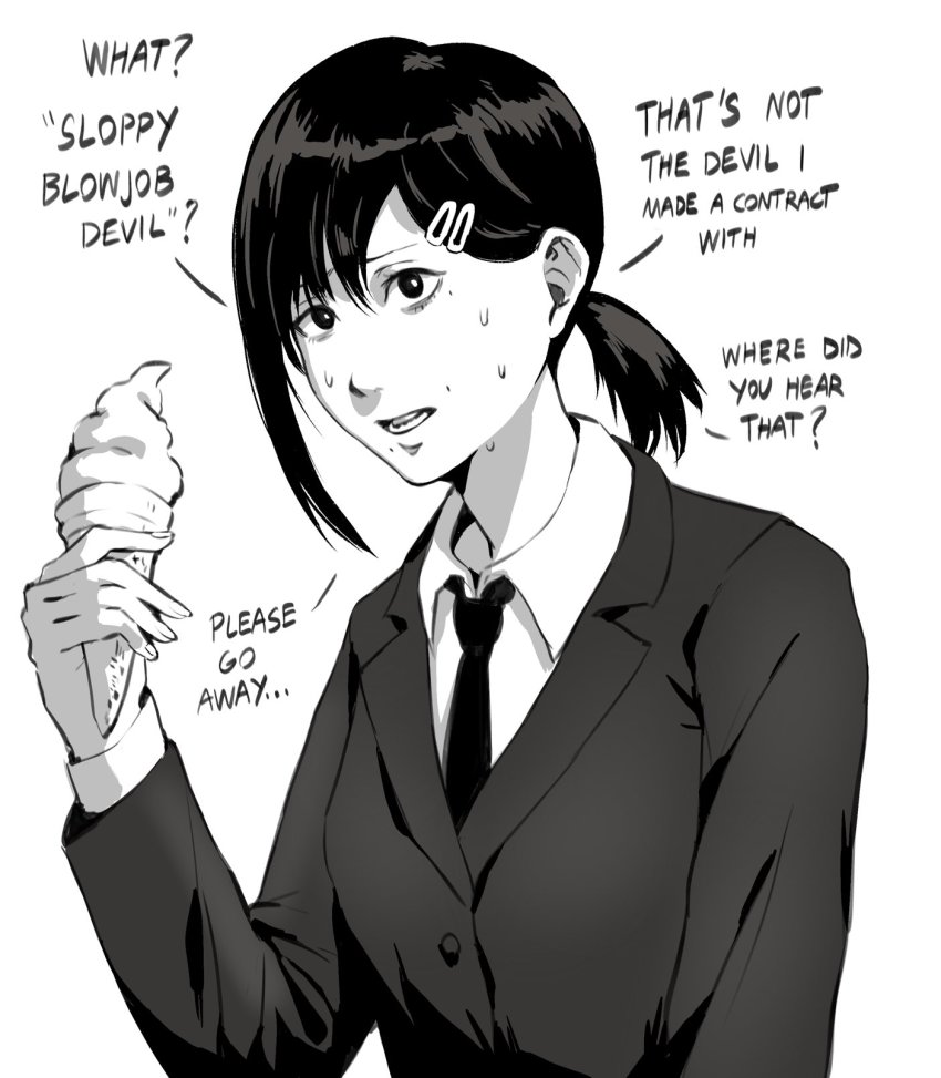 1girl black_hair black_jacket black_necktie chainsaw_man collared_shirt confused english_text food formal_clothes francisco_mon greyscale hair_ornament hairclip higashiyama_kobeni highres holding holding_food holding_ice_cream ice_cream jacket looking_at_viewer meme monochrome necktie open_mouth ponytail shirt short_hair short_ponytail simple_background single_sidelock sloppy_blowjob_devil_(meme) solo suit sweat white_background white_shirt