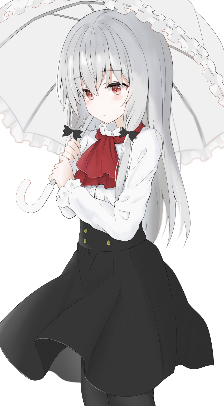 1girl :/ absurdres ascot black_bow black_pantyhose black_skirt bow closed_mouth cowboy_shot frilled_sleeves frills grey_hair hair_bow high-waist_skirt highres holding holding_umbrella k12040707 light_frown long_hair long_sleeves looking_down pantyhose red_ascot red_eyes shirt sidelocks skirt solo sophie_twilight tonari_no_kyuuketsuki-san umbrella very_long_hair white_shirt white_umbrella