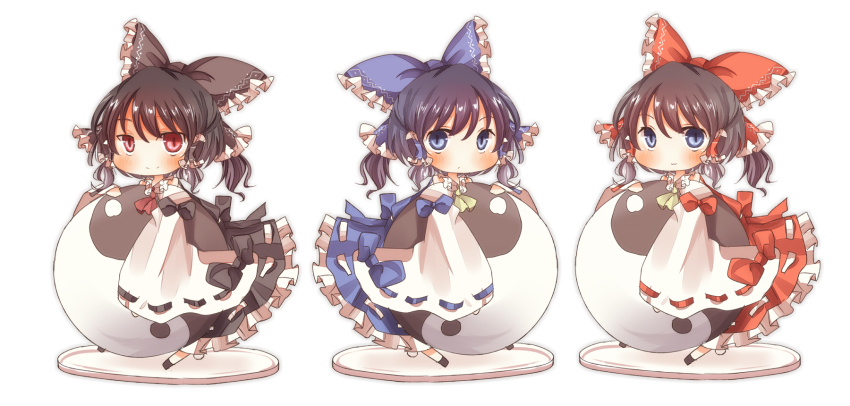 3girls :3 alternate_color bad_id bad_pixiv_id blush bow chibi detached_sleeves female_focus hair_bow hakurei_reimu highres japanese_clothes miko multiple_girls pasutel touhou tsurime yin_yang