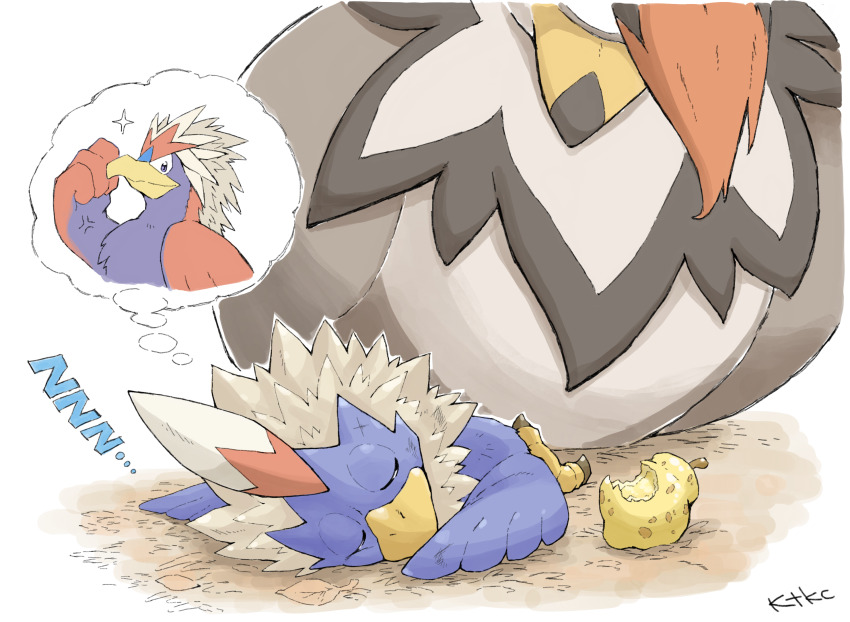 after_battle animal_focus artist_name berry_(pokemon) bird blue_eyes braviary bruise bruise_on_face closed_eyes dreaming eagle food_bite gen_4_pokemon gen_5_pokemon highres image_in_thought_bubble injury katkichi lying nintendo no_humans on_stomach pecha_berry pokemon pokemon_(creature) protecting resting rufflet sleeping sparkle staraptor zzz