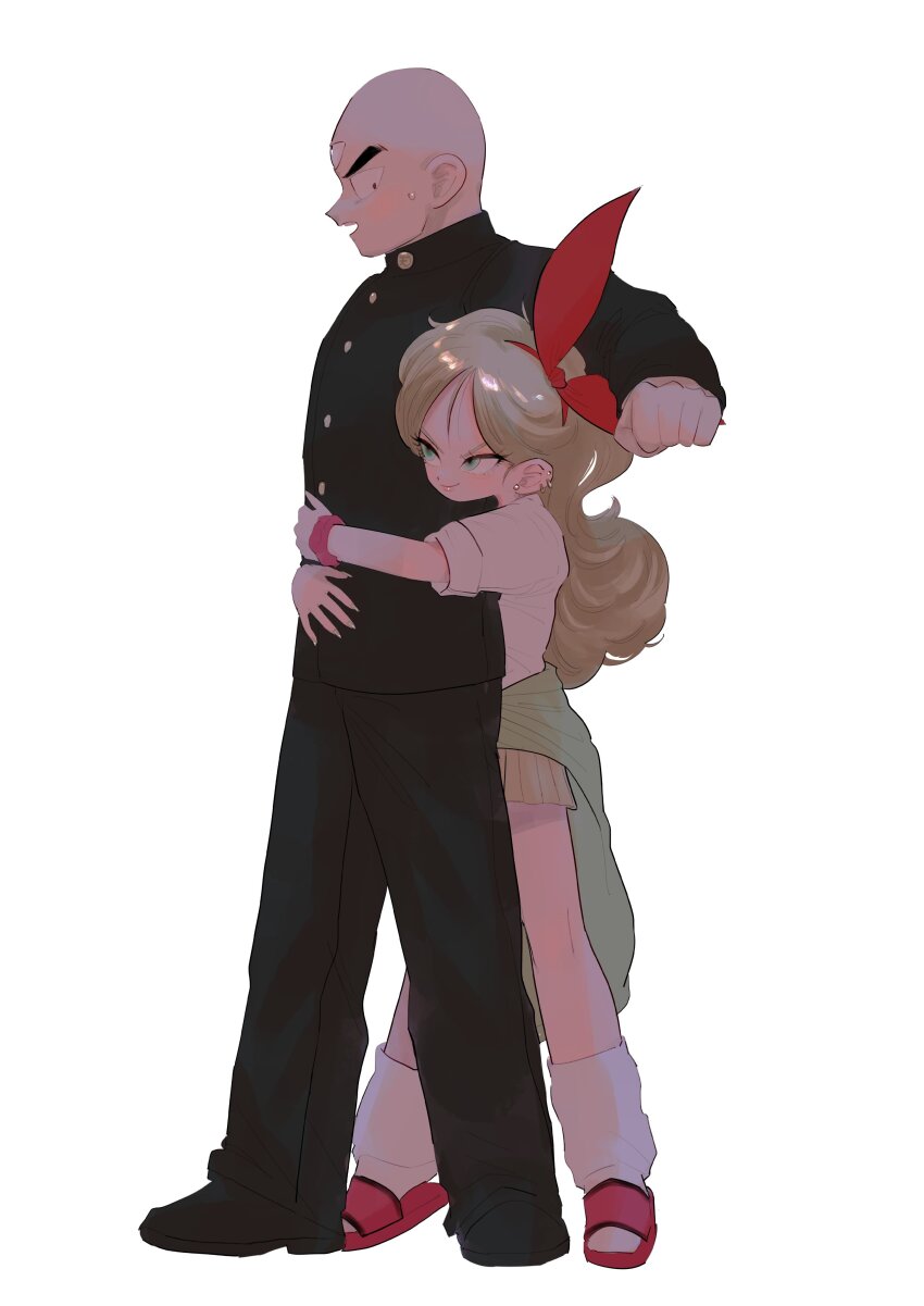1boy 1girl absurdres black_footwear black_jacket black_pants blonde_hair bow bow_hairband clothes_around_waist commentary dragon_ball dragon_ball_(classic) ear_piercing green_sweater gyaru hair_bow hairband highres hug hug_from_behind jacket looking_at_another loose_socks lunch_(bad)_(dragon_ball) lunch_(dragon_ball) mixed-language_commentary mnchki pants piercing red_bow red_footwear sandals school_uniform shirt simple_background socks sweater sweater_around_waist tenshinhan third_eye white_background white_shirt white_socks