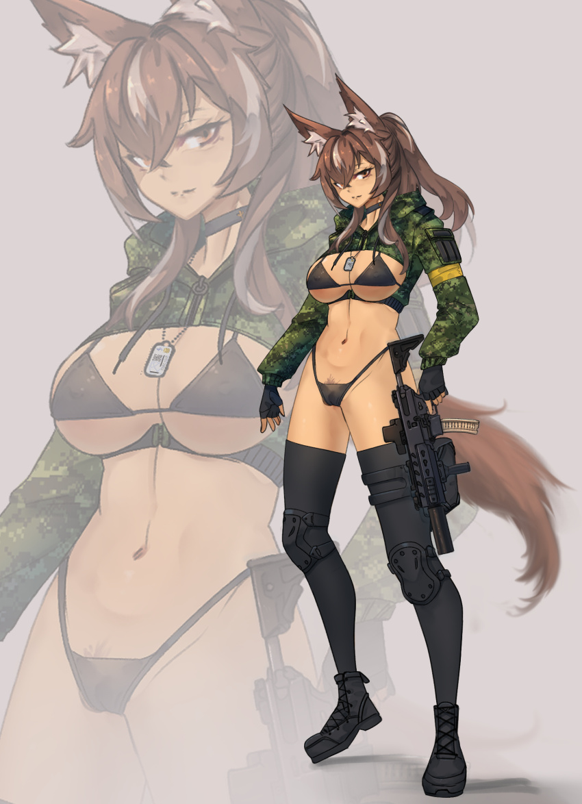 1girl adapted_uniform animal_ears bikini black_bikini black_choker black_gloves breasts brown_eyes brown_hair cadpat callisto_(greyeth) cameltoe choker commission cropped_jacket dog_tags female_pubic_hair fingerless_gloves fox_ears fox_tail gloves gun hair_between_eyes highres holster jacket large_breasts looking_at_viewer military_jacket multicolored_hair original ponytail pubic_hair pussy pussy_peek sig_mpx solo streaked_hair submachine_gun swimsuit syaha tail thigh_holster thigh_strap thighhighs thong_bikini weapon
