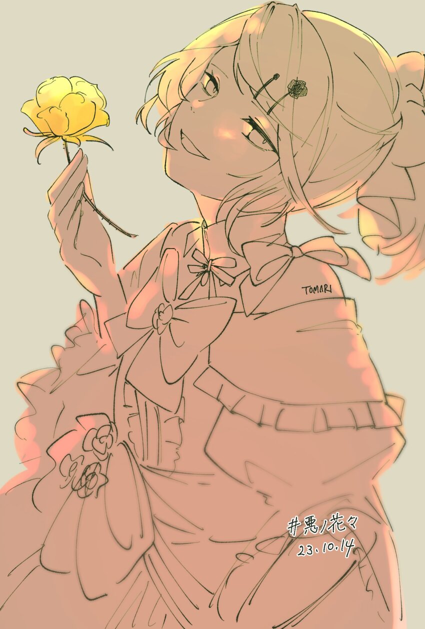 1girl 2023 aku_no_musume_(vocaloid) bare_shoulders bow dated detached_collar dress dress_bow dress_flower evil_eyes evil_smile evillious_nendaiki flower frilled_dress frilled_sleeves frills hair_bow hair_ornament hairclip half-closed_eyes head_tilt high_ponytail highres holding holding_flower kagamine_rin miku_symphony_(vocaloid) monochrome off-shoulder_dress off_shoulder ponytail riliane_lucifen_d&#039;autriche rose sidelocks smile smug solo spot_color swept_bangs tomari_drew updo vocaloid wide_sleeves yellow_flower yellow_rose
