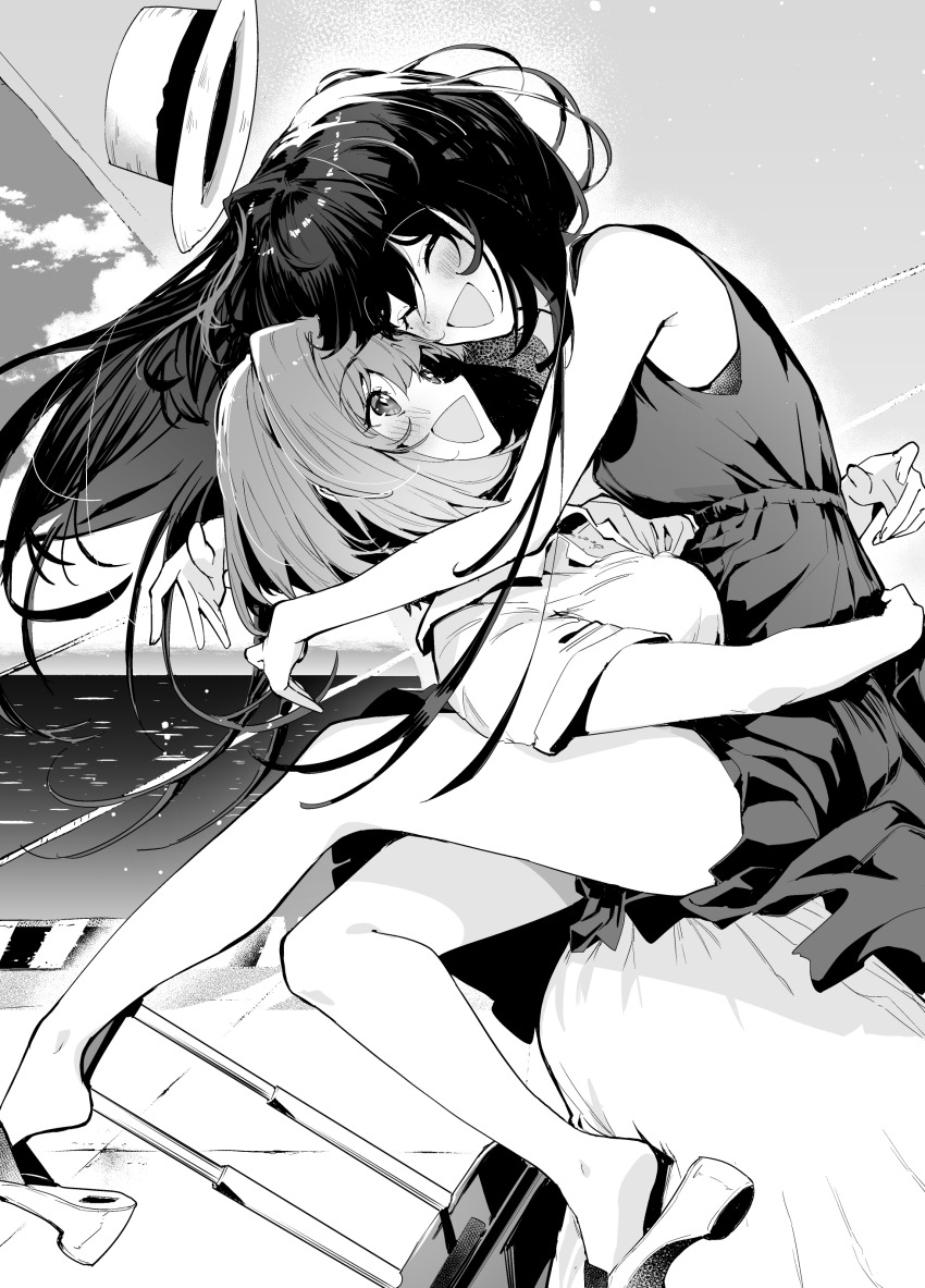 2girls ^_^ absurdres blush closed_eyes cloud greyscale hat highres hug keyyan kimi_to_shiranai_natsu_ni_naru long_hair luggage medium_hair megumi_hinoto mole mole_under_mouth monochrome multiple_girls nishimiya_haru ocean sleeveless thighs