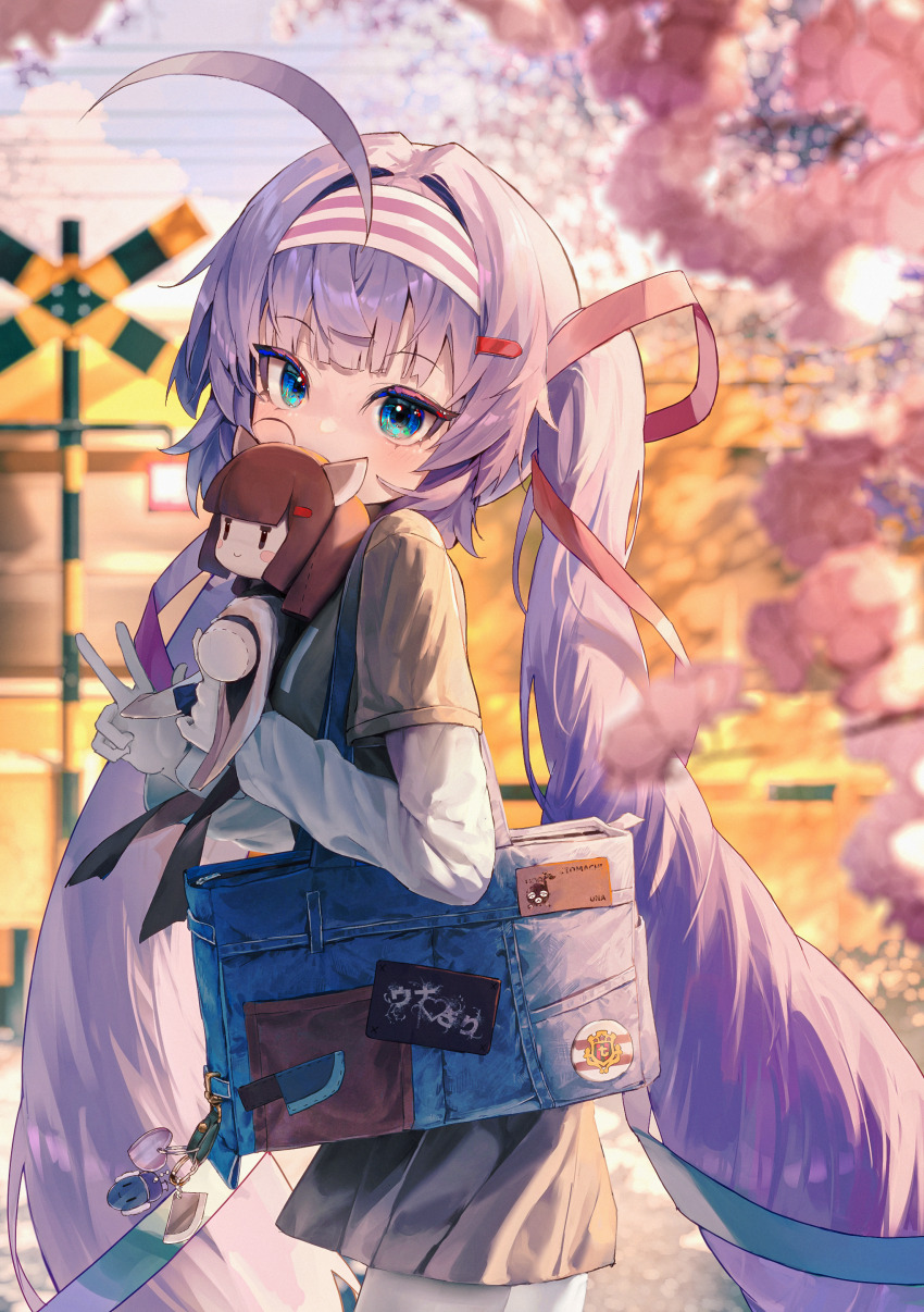 1girl absurdres ahoge ap04astral aqua_eyes bag_charm black_shirt black_skirt blurry blurry_background character_doll charm_(object) commentary_request cowboy_shot day doll hair_ornament hair_ribbon hairband hairclip highres holding holding_stuffed_toy huge_ahoge layered_sleeves long_hair long_sleeves otomachi_una outdoors purple_hair railroad_crossing red_ribbon ribbon shirt short_over_long_sleeves short_sleeves skirt solo striped_clothes striped_hairband stuffed_toy touhoku_kiritan twintails voiceroid white_background white_hairband white_shirt