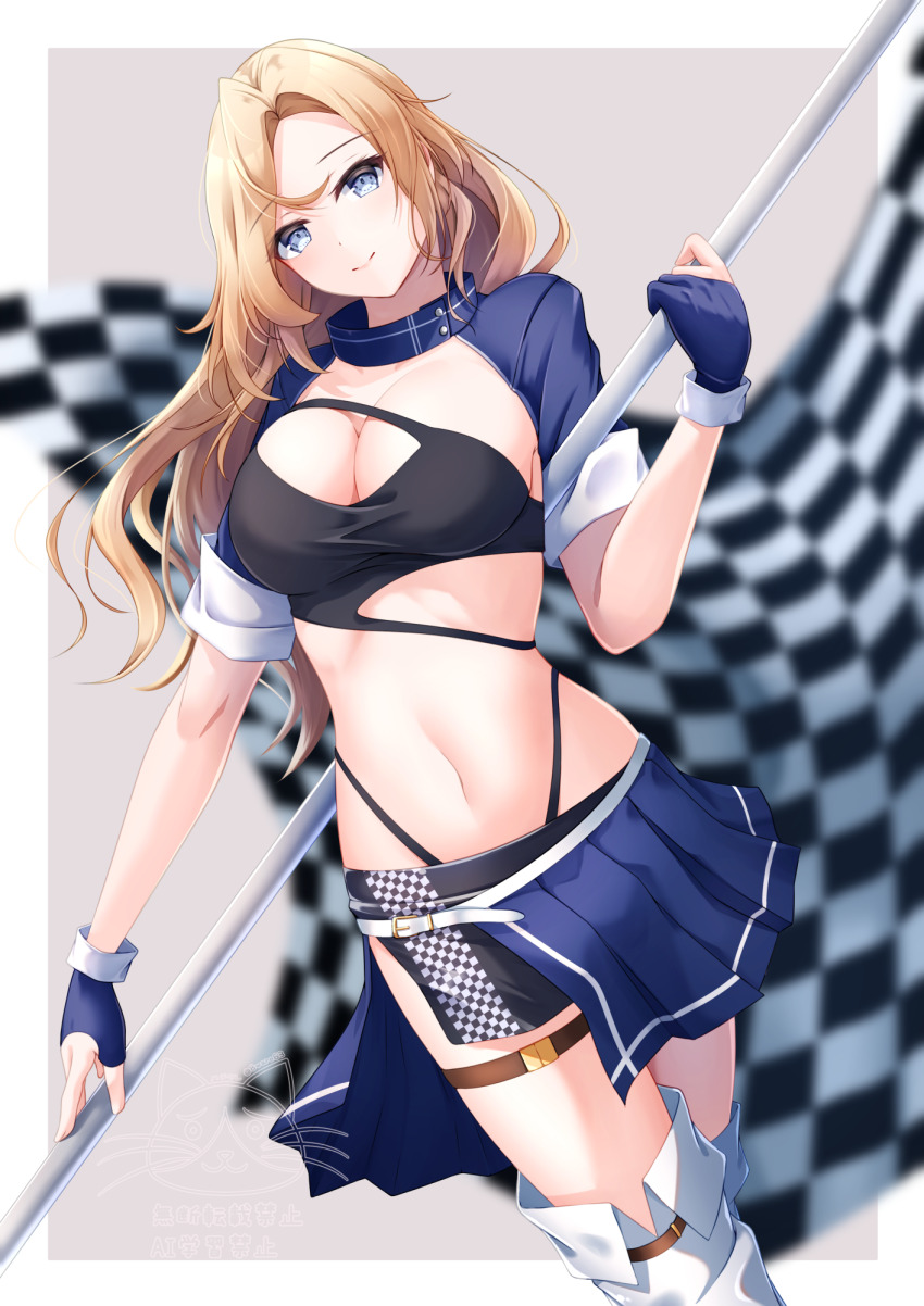 1girl belt black_skirt blonde_hair blue_eyes blue_gloves blue_skirt boots breasts checkered_flag commentary flag gloves hachiware_(8ware63) half-skirt highleg highleg_panties highres holding holding_flag hornet_(kancolle) kantai_collection large_breasts layered_skirt long_hair looking_at_viewer midriff miniskirt navel panties partially_fingerless_gloves pleated_skirt race_queen shrug_(clothing) skirt smile solo thigh_boots underwear white_belt white_boots