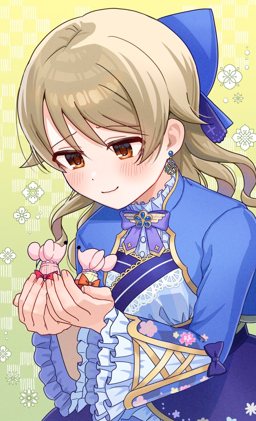 1girl absurdres animal blonde_hair blue_bow blue_dress blue_jacket blush bow bowtie brown_eyes closed_mouth commentary_request dress dress_bow earrings fingernails floral_print_dress frilled_jacket frills hair_bow hair_flaps hands_up highres holding holding_animal idol idol_clothes idolmaster idolmaster_cinderella_girls idolmaster_cinderella_girls_starlight_stage jacket jewelry layered_dress long_sleeves looking_down medium_hair morikubo_nono mouse_(animal) official_alternate_costume official_alternate_hairstyle orange_bow purple_bow purple_bowtie red_bow smile solo swept_bangs three_quarter_view upper_body wavy_hair yukinuno