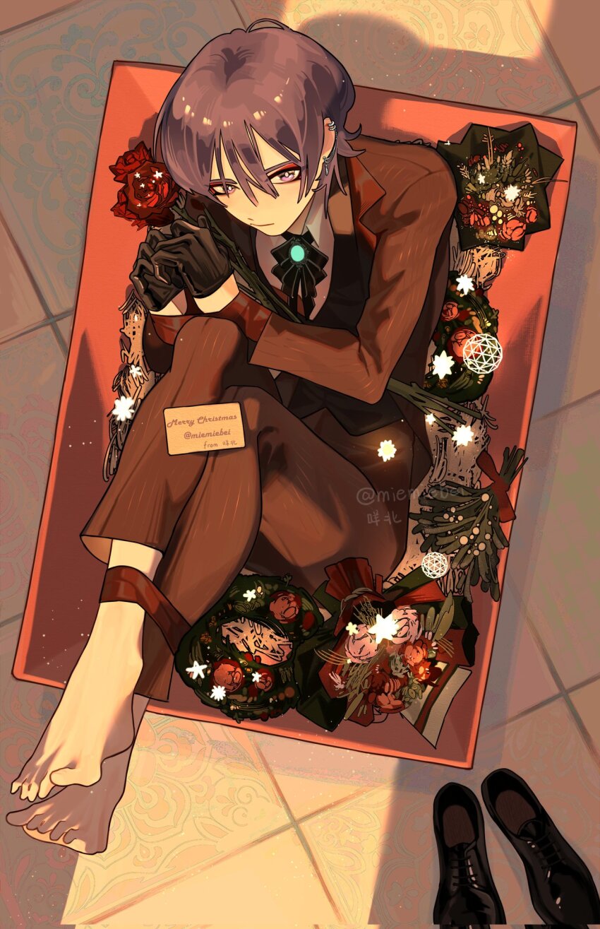 1boy alternate_costume aqua_gemstone barefoot black_bow black_gloves black_shoes black_vest blunt_ends bound bound_wrists bow box bright_pupils brown_jacket brown_pants brown_sleeves christmas_ornaments closed_mouth collared_shirt contemporary dress_shirt ear_piercing earrings eyeliner eyeshadow flower formal_clothes from_above genshin_impact gloves glowing_gem greeting_card hair_between_eyes half_gloves highres in_box in_container jacket jewelry long_sleeves looking_at_viewer makeup male_focus merry_christmas miemiebei oxfords pants piercing purple_eyes purple_hair red_eyeliner red_eyeshadow red_flower red_ribbon red_rose ribbon rose scaramouche_(genshin_impact) self_gift shadow shirt shoes solo suit_jacket tile_floor tiles toenails tsurime tuxedo twitter_username unworn_shoes vest vision_(genshin_impact) white_pupils white_shirt white_undershirt