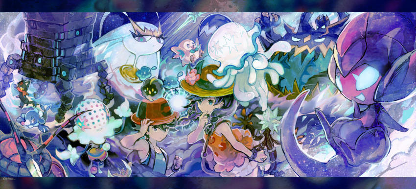 1boy 1girl backpack bag blacephalon black_hair blue_shirt braid bucket_hat buzzwole cosmog elio_(pokemon) flower gen_7_pokemon guzzlord hair_flower hair_ornament hand_on_headwear handbag hat highres kantarou_(8kan) kartana legendary_pokemon litten long_hair nihilego nintendo orange_shirt pheromosa poipole pokemon pokemon_(creature) pokemon_usum popplio red_hat rowlet selene_(pokemon) selene_(pokemon_usum) shirt short_hair shorts stakataka starter_pokemon_trio sun_hat tank_top twin_braids ultra_beast white_shorts xurkitree you_(pokemon_usum) z-ring