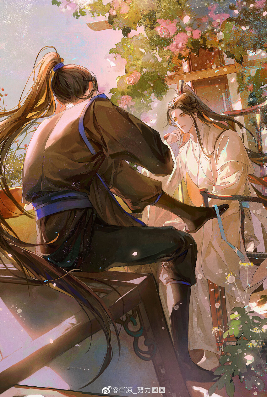 2boys absurdres black_boots black_hair blue_ribbon blue_sash blue_sky boots chair chinese_clothes chu_wanning closed_mouth dandelion erha_he_tadebai_mao_shizun flower foliage full_body half_updo hand_on_own_face hanfu high_ponytail highres long_hair long_sleeves looking_at_another male_focus mo_ran multiple_boys on_chair outdoors pink_flower ponytail ribbon sash sitting sky smile third-party_source tree watermark weibo_watermark white_boots white_hanfu wide_sleeves xiao_guan_(headdress) xu_liang yellow_eyes