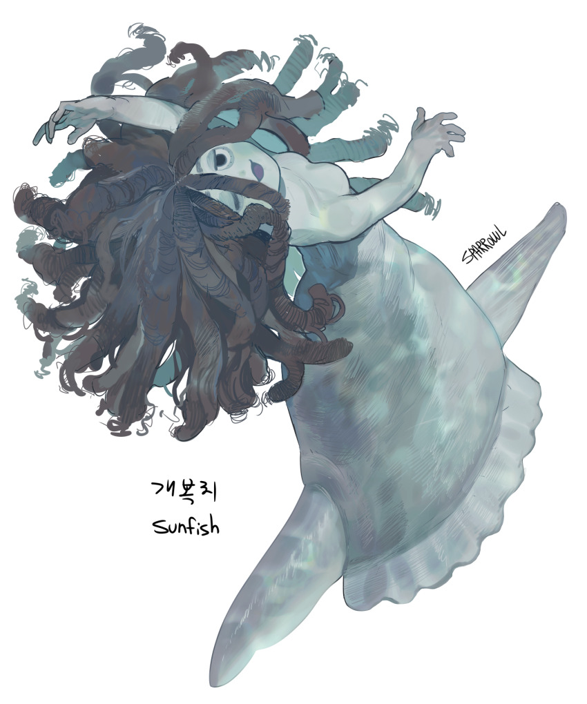 1girl :3 arm_up artist_name black_eyes breasts brown_hair colored_skin commentary completely_nude dreadlocks english_commentary english_text fins fish grey_skin half-closed_eye highres kneeless_mermaid long_hair looking_at_viewer mermaid monster_girl nude ocean_sunfish one_eye_closed original simple_background small_breasts solo sparrowl translation_request upside-down white_background